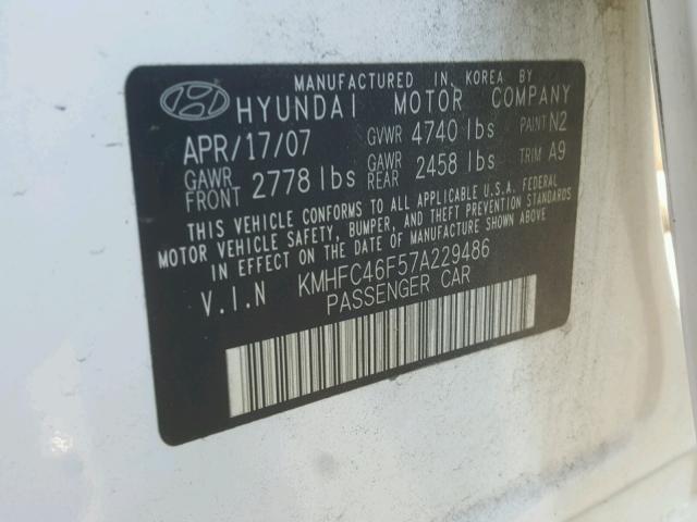 KMHFC46F57A229486 - 2007 HYUNDAI AZERA SE WHITE photo 10