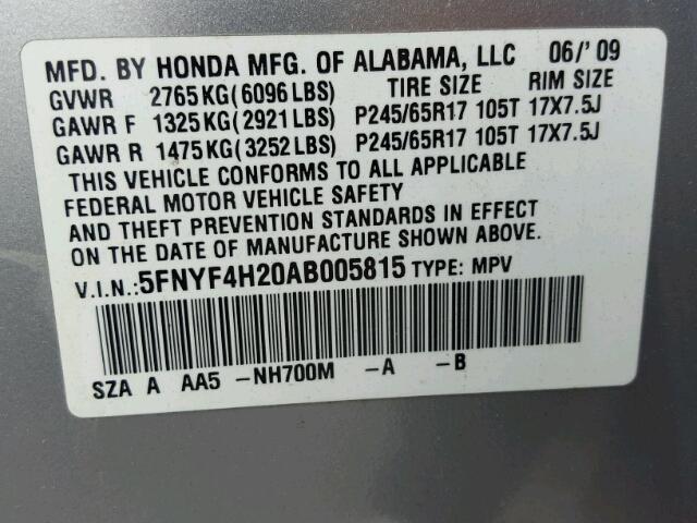 5FNYF4H20AB005815 - 2010 HONDA PILOT LX WHITE photo 10