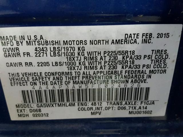 4A4AP3AW5FE024626 - 2015 MITSUBISHI OUTLANDER BLUE photo 10