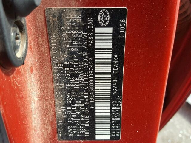 4T1BE46K09U397432 - 2009 TOYOTA CAMRY/SE/L RED photo 10