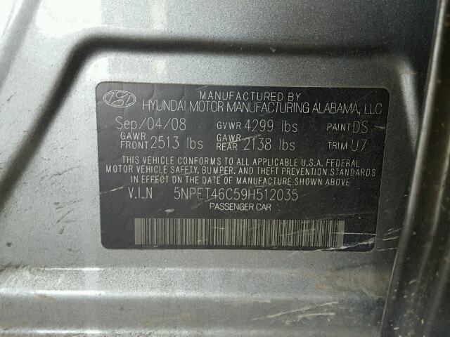 5NPET46C59H512035 - 2009 HYUNDAI SONATA GLS GRAY photo 10