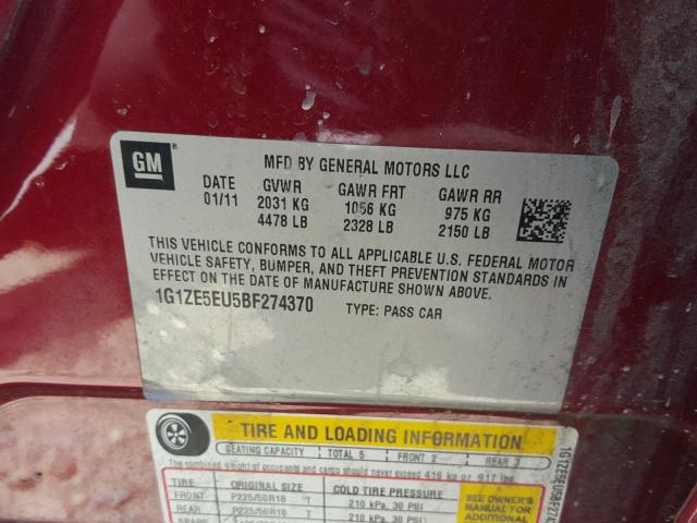 1G1ZE5EU5BF274370 - 2011 CHEVROLET MALIBU LTZ 勃艮第红 照片 10