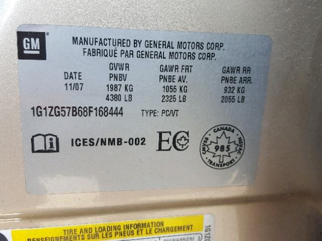 1G1ZG57B68F168444 - 2008 CHEVROLET MALIBU LS 棕色 照片 10