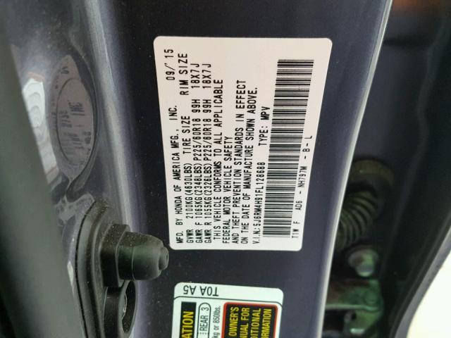 5J6RM4H91FL128688 - 2015 HONDA CR-V TOURI GRAY photo 10