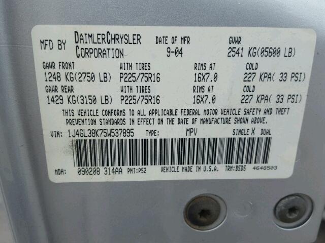 1J4GL38K75W537895 - 2005 JEEP LIBERTY RE GRAY photo 10