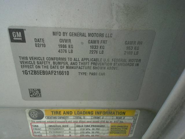 1G1ZB5EB9AF216610 - 2010 CHEVROLET MALIBU LS ვერცხლისფერი ფოტო 10