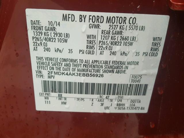 2FMDK4AK3EBB56926 - 2014 FORD EDGE SPORT RED photo 10