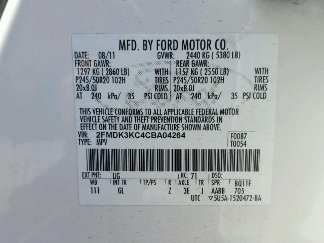 2FMDK3KC4CBA04264 - 2012 FORD EDGE LIMIT WHITE photo 10