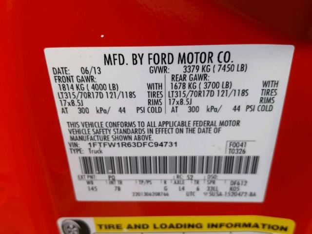 1FTFW1R63DFC94731 - 2013 FORD F150 SVT R RED photo 10