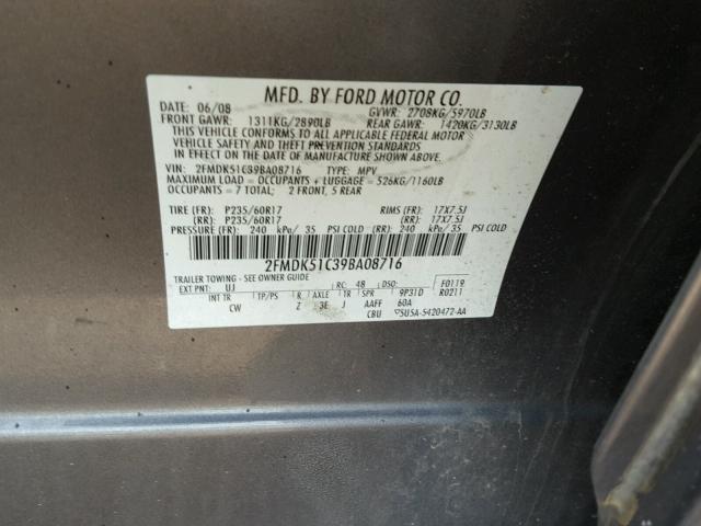 2FMDK51C39BA08716 - 2009 FORD FLEX SE SILVER photo 10