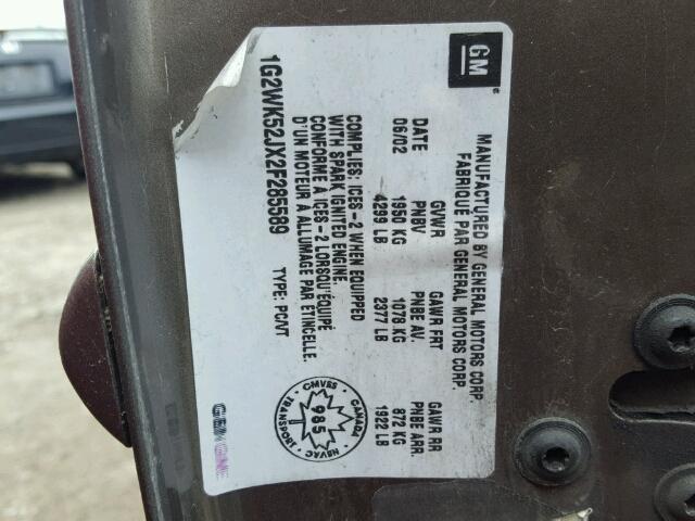 1G2WK52JX2F285589 - 2002 PONTIAC GRAND PRIX BROWN photo 10