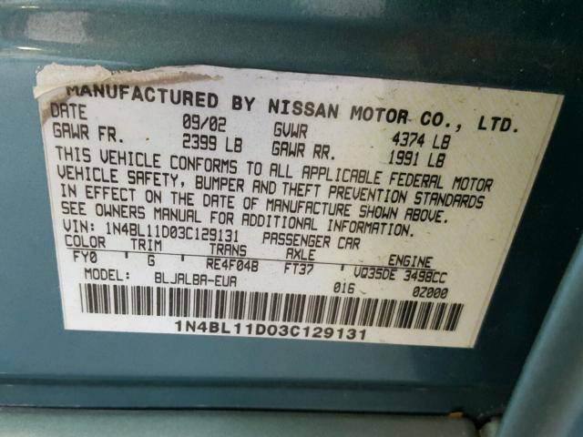 1N4BL11D03C129131 - 2003 NISSAN ALTIMA SE BLUE photo 10