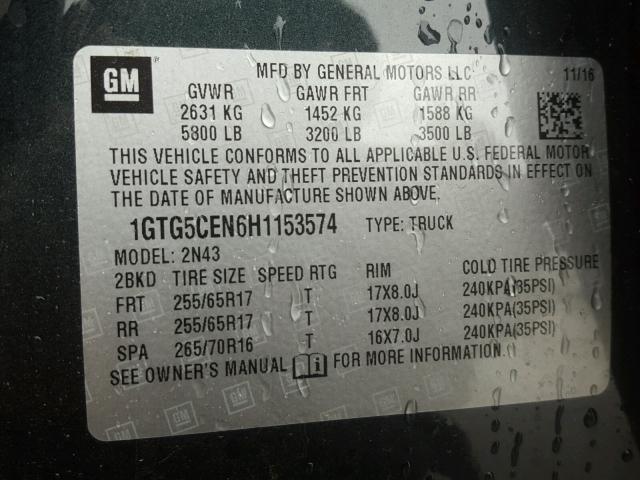 1GTG5CEN6H1153574 - 2017 GMC CANYON SLE BLACK photo 10