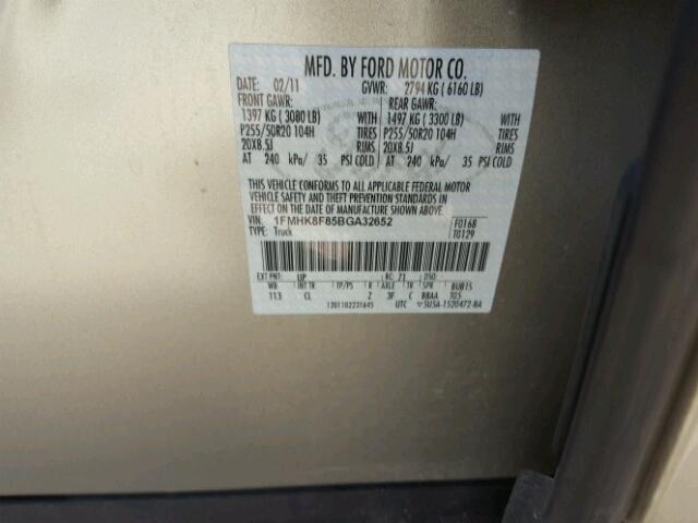 1FMHK8F85BGA32652 - 2011 FORD EXPLORER L GOLD photo 10