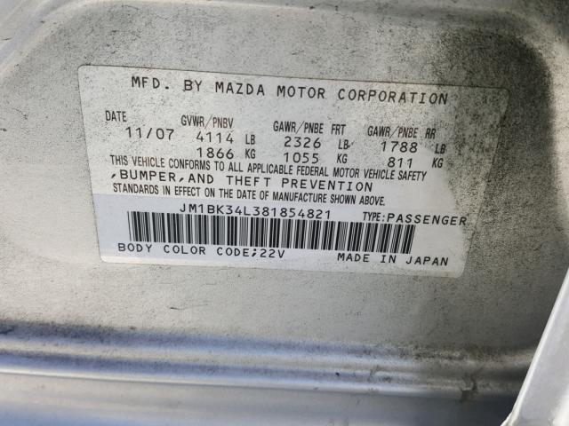 JM1BK34L381854821 - 2008 MAZDA SPEED 3 SILVER photo 10