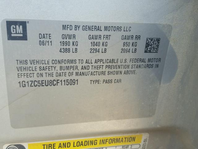 1G1ZC5EU8CF115091 - 2012 CHEVROLET MALIBU 1LT 银色 照片 10