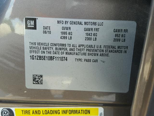 1G1ZB5E10BF111074 - 2011 CHEVROLET MALIBU LS ყავისფერი ფოტო 10