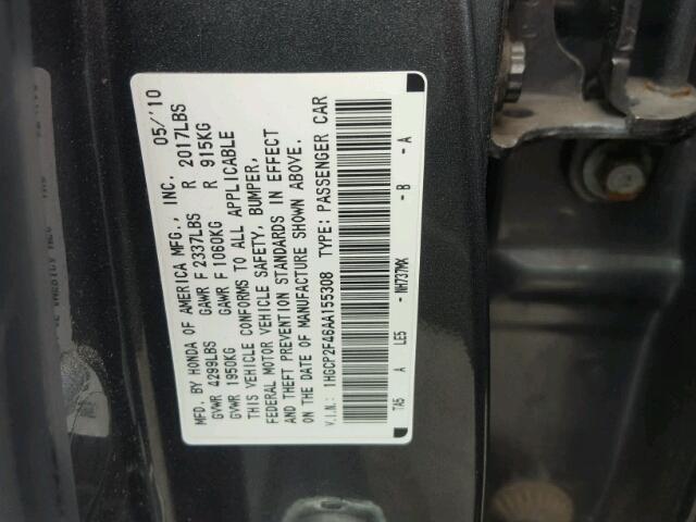 1HGCP2F46AA155308 - 2010 HONDA ACCORD LXP GRAY photo 10