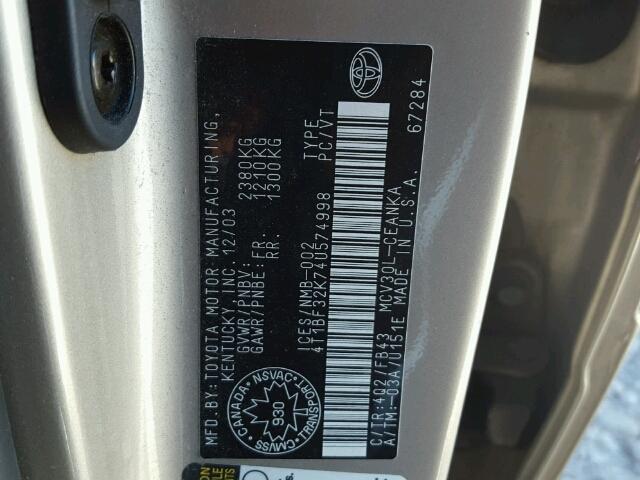 4T1BF32K74U574998 - 2004 TOYOTA CAMRY LE 米色 照片 10