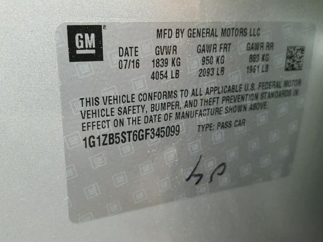 1G1ZB5ST6GF345099 - 2016 CHEVROLET MALIBU LS SILVER photo 10