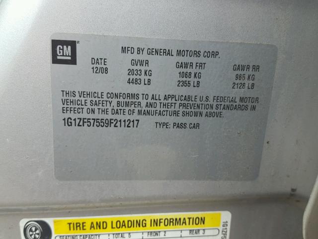 1G1ZF57559F211217 - 2009 CHEVROLET MALIBU HYB ვერცხლისფერი ფოტო 10