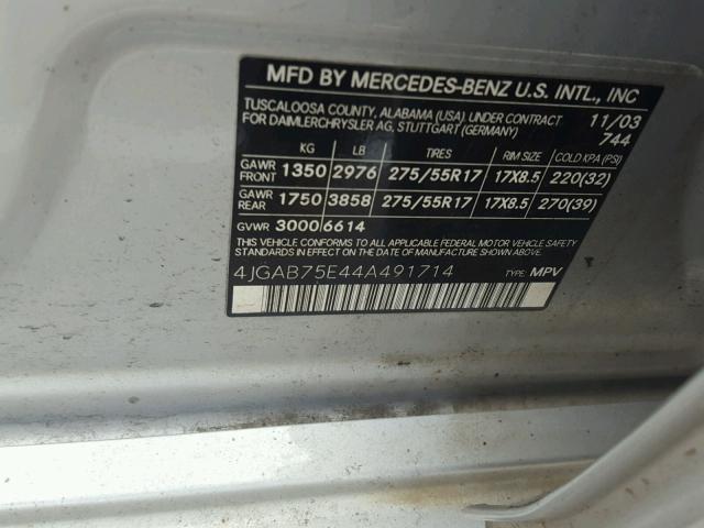 4JGAB75E44A491714 - 2004 MERCEDES-BENZ ML 500 SILVER photo 10