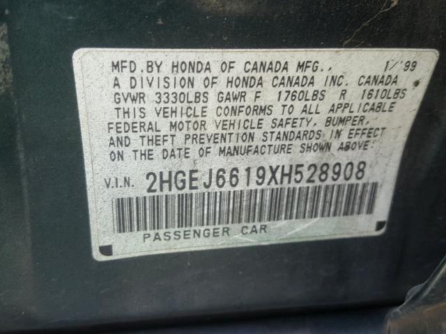 2HGEJ6619XH528908 - 1999 HONDA CIVIC BASE GREEN photo 10