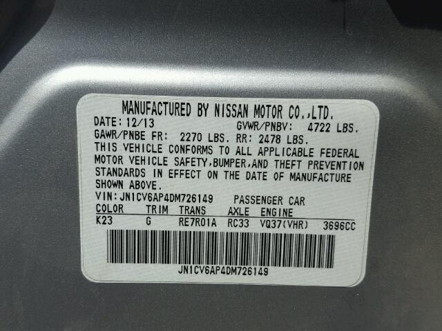 JN1CV6AP4DM726149 - 2013 INFINITI G37 BASE SILVER photo 10