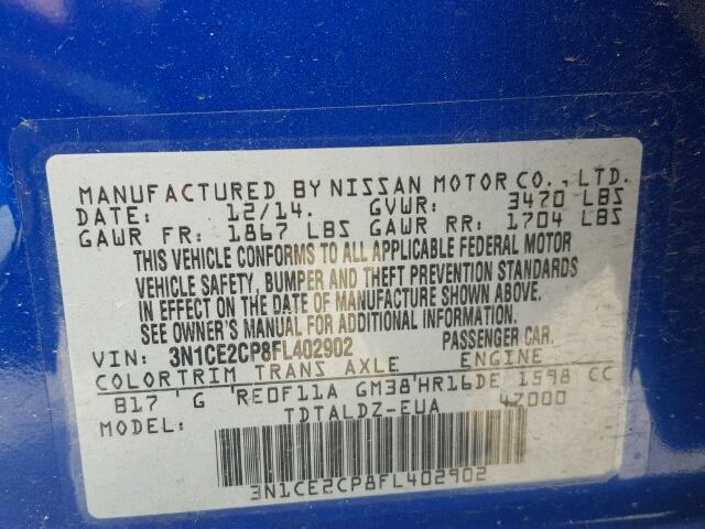 3N1CE2CP8FL402902 - 2015 NISSAN VERSA NOTE BLUE photo 10