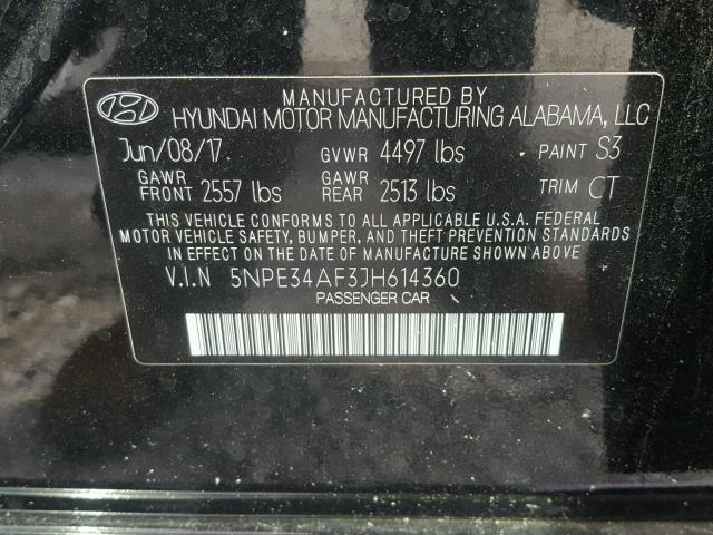 5NPE34AF3JH614360 - 2018 HYUNDAI SONATA SPO BLACK photo 10