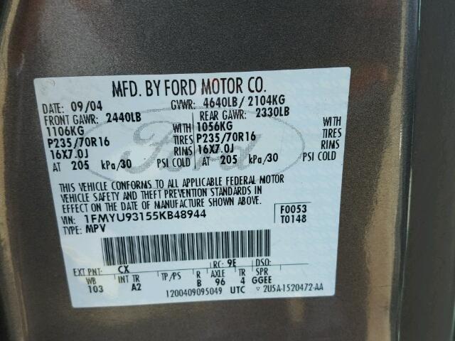 1FMYU93155KB48944 - 2005 FORD ESCAPE XLT CHARCOAL photo 10