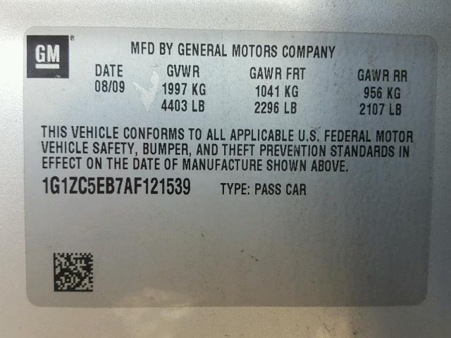 1G1ZC5EB7AF121539 - 2010 CHEVROLET MALIBU 1LT 银色 照片 10