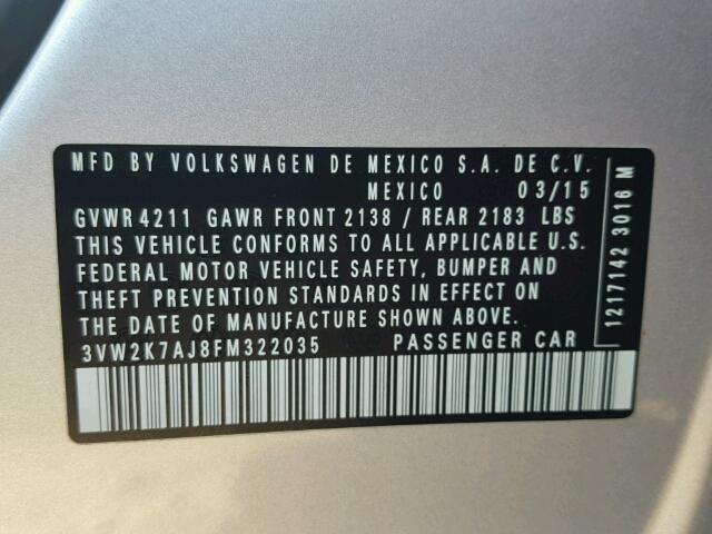 3VW2K7AJ8FM322035 - 2015 VOLKSWAGEN JETTA BASE SILVER photo 10