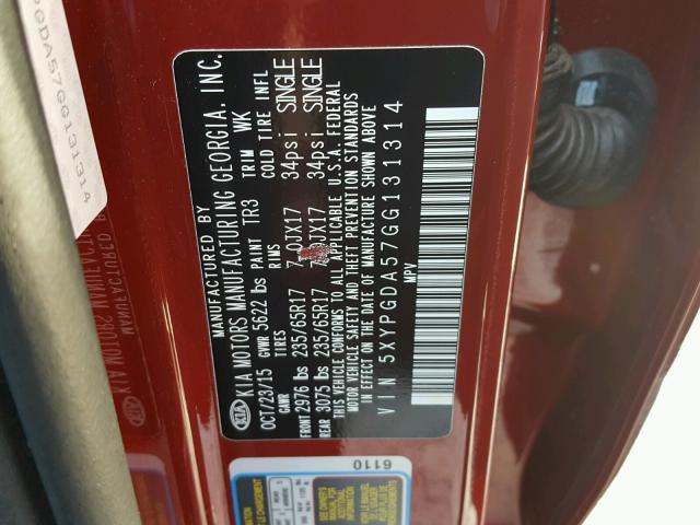 5XYPGDA57GG131314 - 2016 KIA SORENTO LX RED photo 10