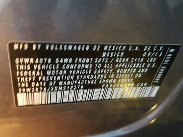 3VW2K7AJ3DM318276 - 2013 VOLKSWAGEN JETTA BASE Մոխրագույն լուսանկար 10