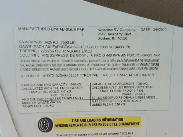 4YDT21023AB453031 - 2010 KEYSTONE OUTBACK WHITE photo 10