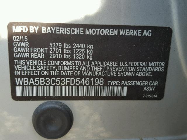 WBA5B3C53FD546198 - 2015 BMW 535 XI SILVER photo 10