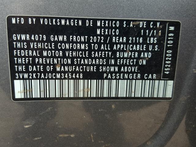 3VW2K7AJ0CM345448 - 2012 VOLKSWAGEN JETTA BASE Արծաթագույն լուսանկար 10