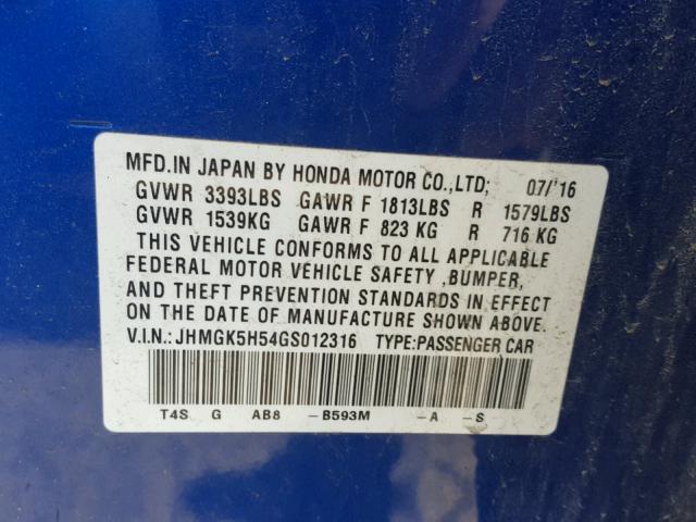 JHMGK5H54GS012316 - 2016 HONDA FIT LX BLUE photo 10