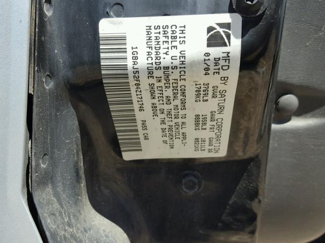 1G8AJ52F04Z171746 - 2004 SATURN ION LEVEL SILVER photo 10
