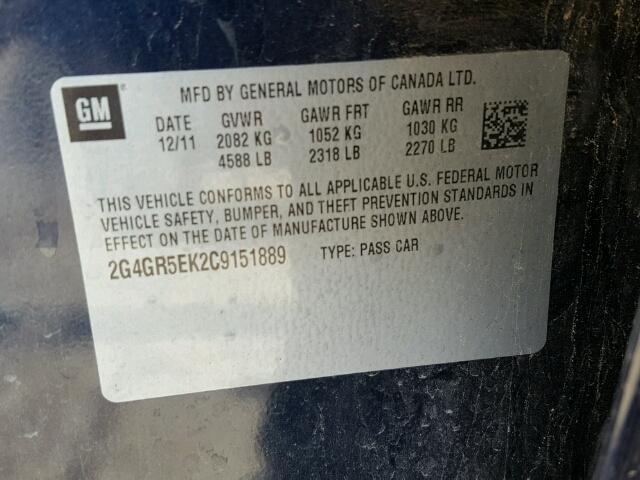 2G4GR5EK2C9151889 - 2012 BUICK REGAL BLUE photo 10