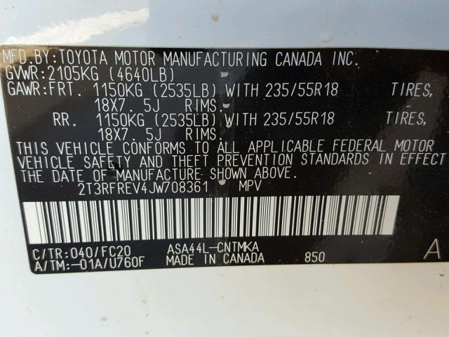 2T3RFREV4JW708361 - 2018 TOYOTA RAV4 ADVEN WHITE photo 10