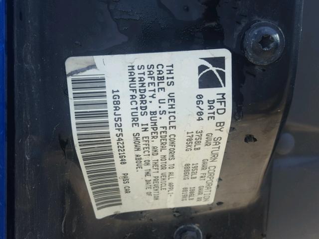 1G8AJ52F54Z221640 - 2004 SATURN ION LEVEL BLUE photo 10