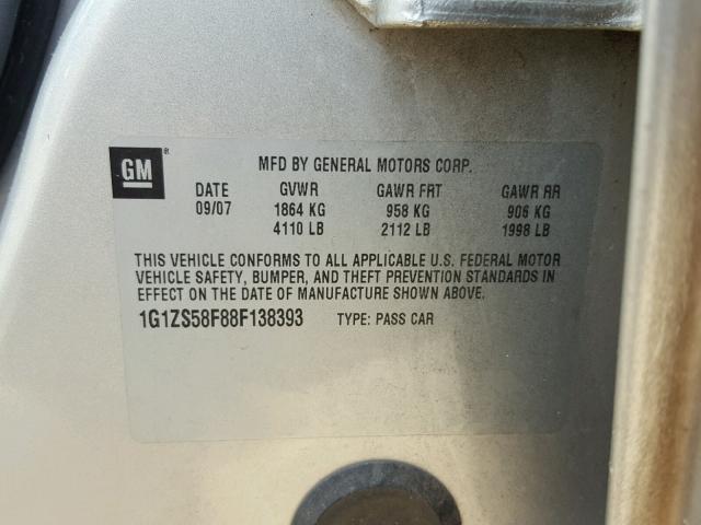 1G1ZS58F88F138393 - 2008 CHEVROLET MALIBU LS SILVER photo 10