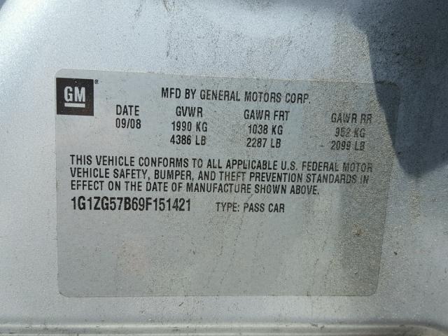 1G1ZG57B69F151421 - 2009 CHEVROLET MALIBU LS Күміс фото 10