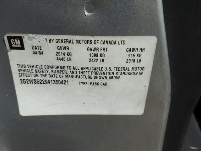 2G2WS522941350421 - 2004 PONTIAC GRAND PRIX SILVER photo 10