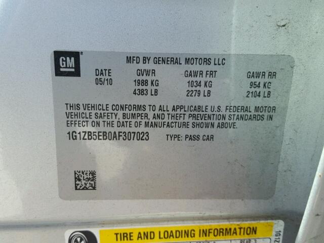 1G1ZB5EB0AF307023 - 2010 CHEVROLET MALIBU LS ვერცხლისფერი ფოტო 10