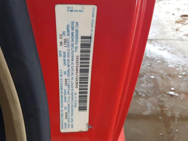 3VWCM31Y34M315043 - 2004 VOLKSWAGEN NEW BEETLE წითელი ფოტო 10