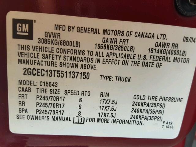 2GCEC13T551137150 - 2005 CHEVROLET SILVERADO BURGUNDY photo 10