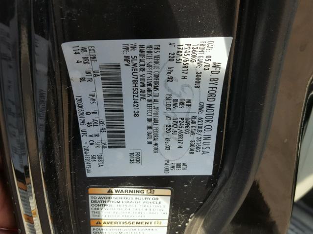 5LMEU78H53ZJ42138 - 2003 LINCOLN AVIATOR 黑色 照片 10